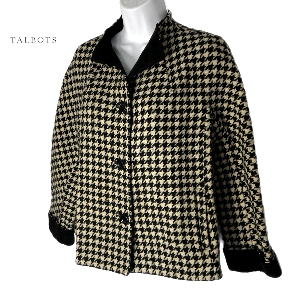 Talbots Small Petite Black & Ivory Cream Houndstooth Wool Blend Blazer Pockets - Picture 12 of 14
